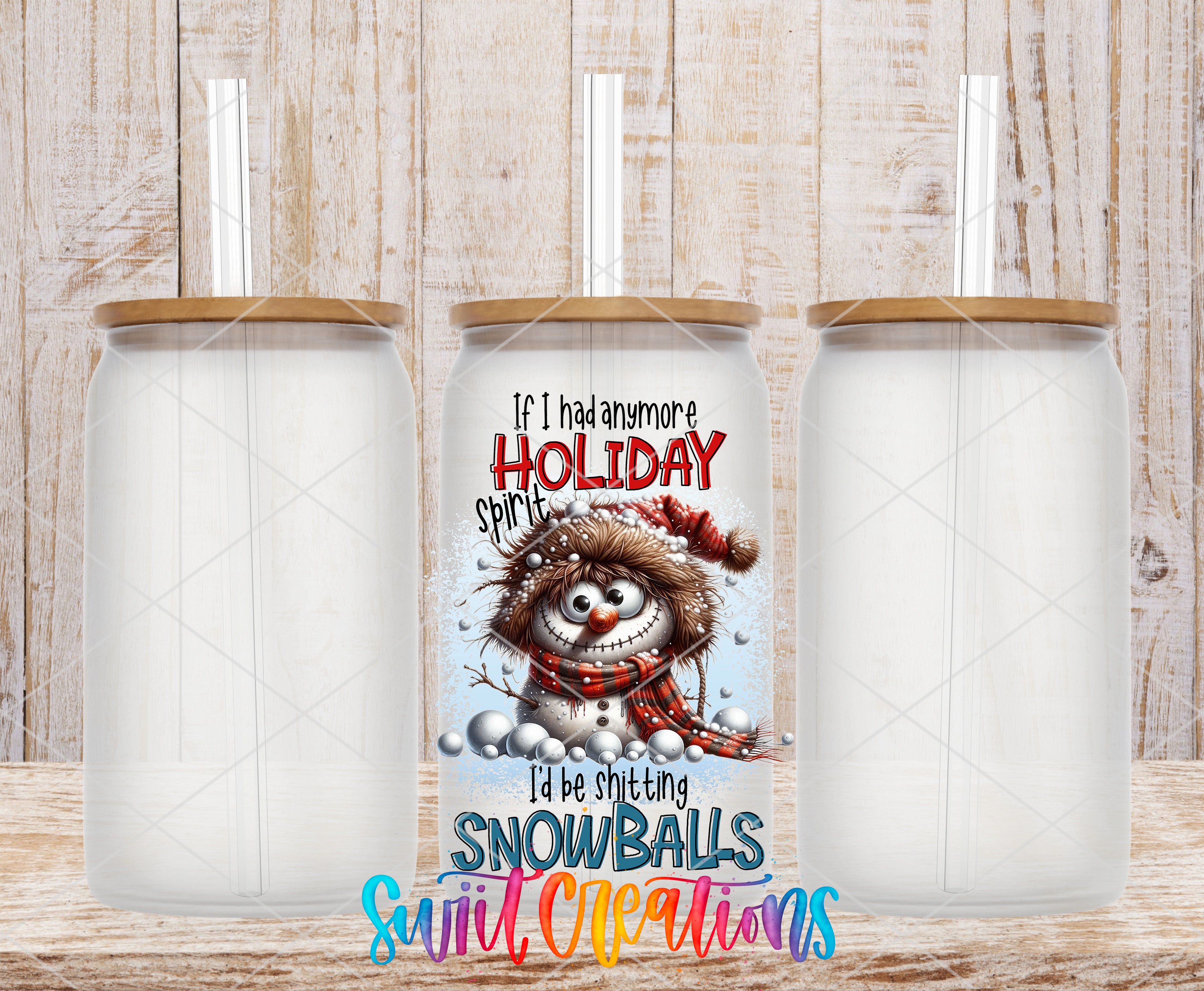 A collage of three empty glass jars with straws, each featuring a snowman design and text.