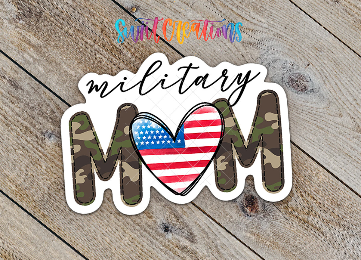 Close-up of the Military Mom sticker on rustic wood