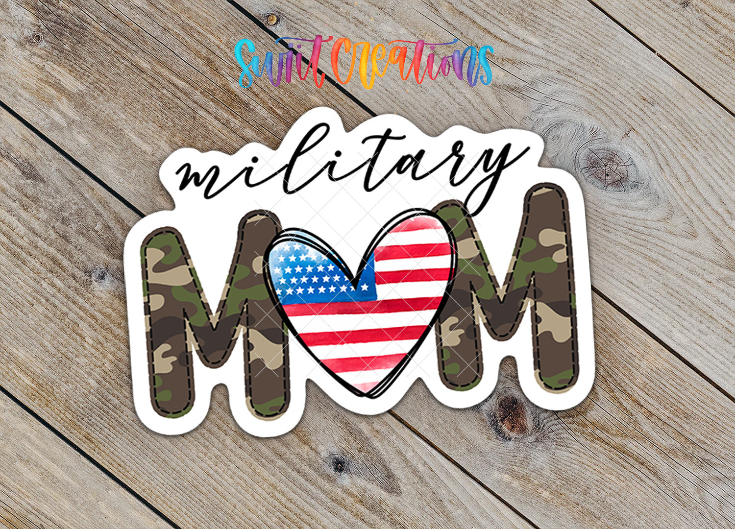 A sticker with the word "MOM" in camouflage letters, with a heart-shaped American flag inside the letters.