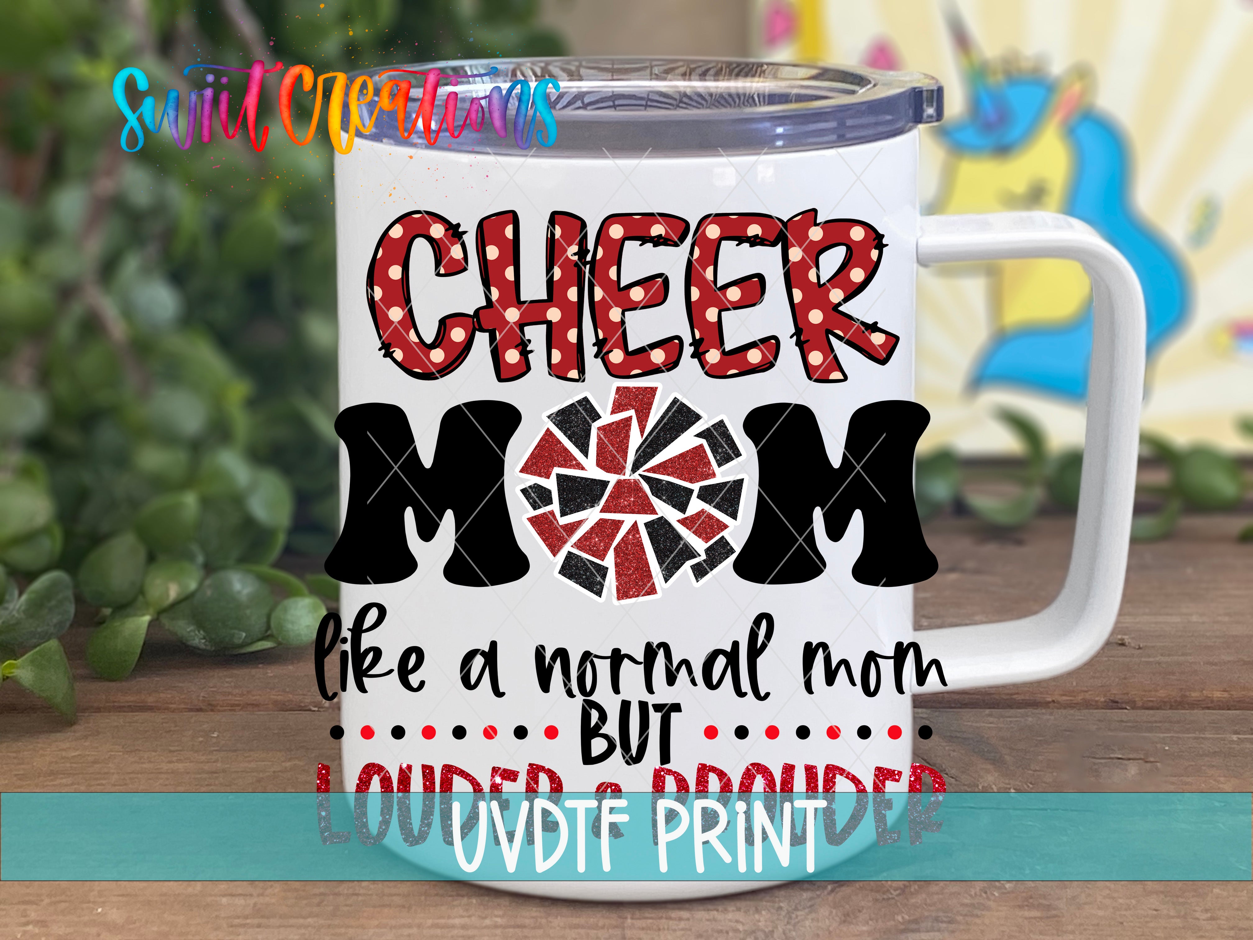 a white coffee mug with the words cheer mom on it