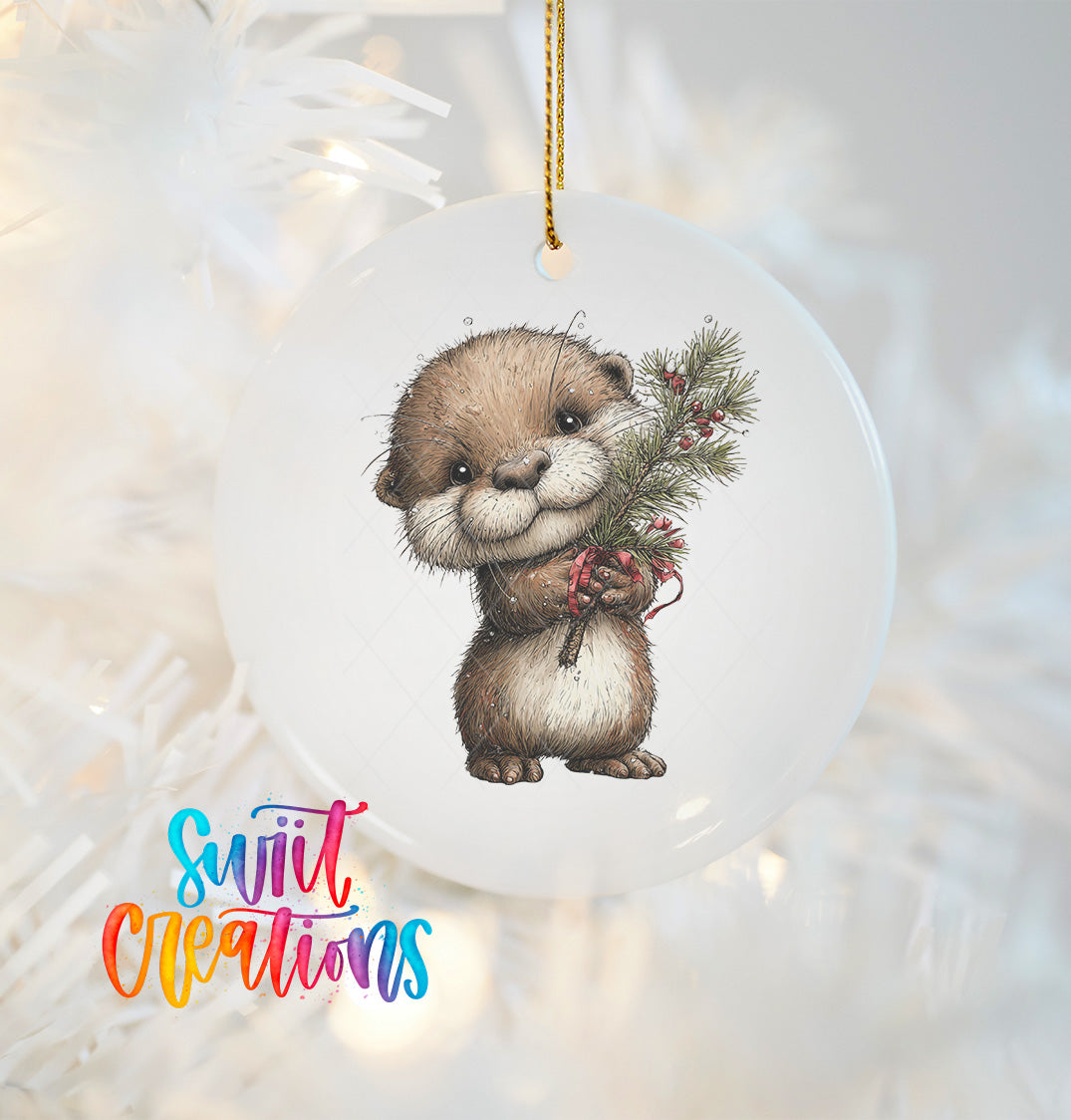 A white ornament featuring a cute otter holding a pine branch with berries.