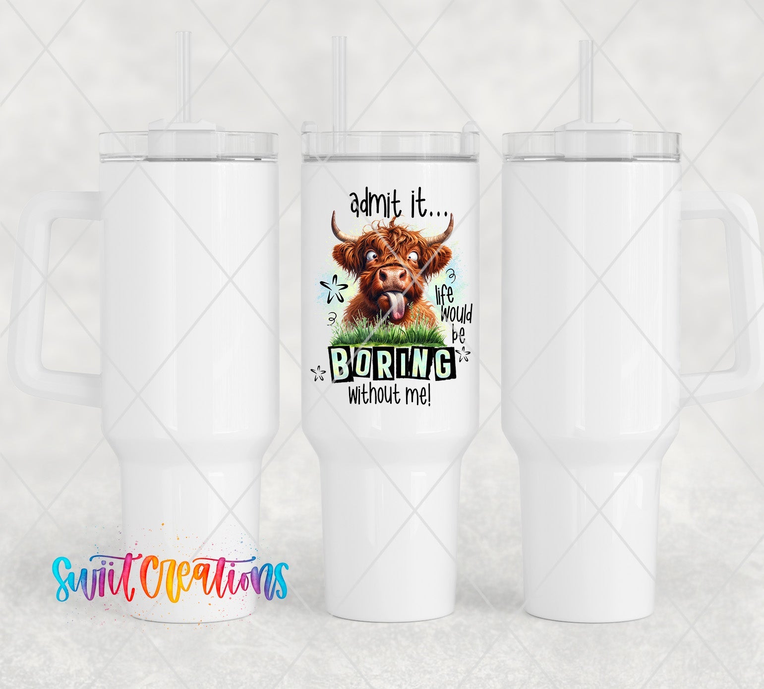 a white tumbler cup with a picture of a cow on it