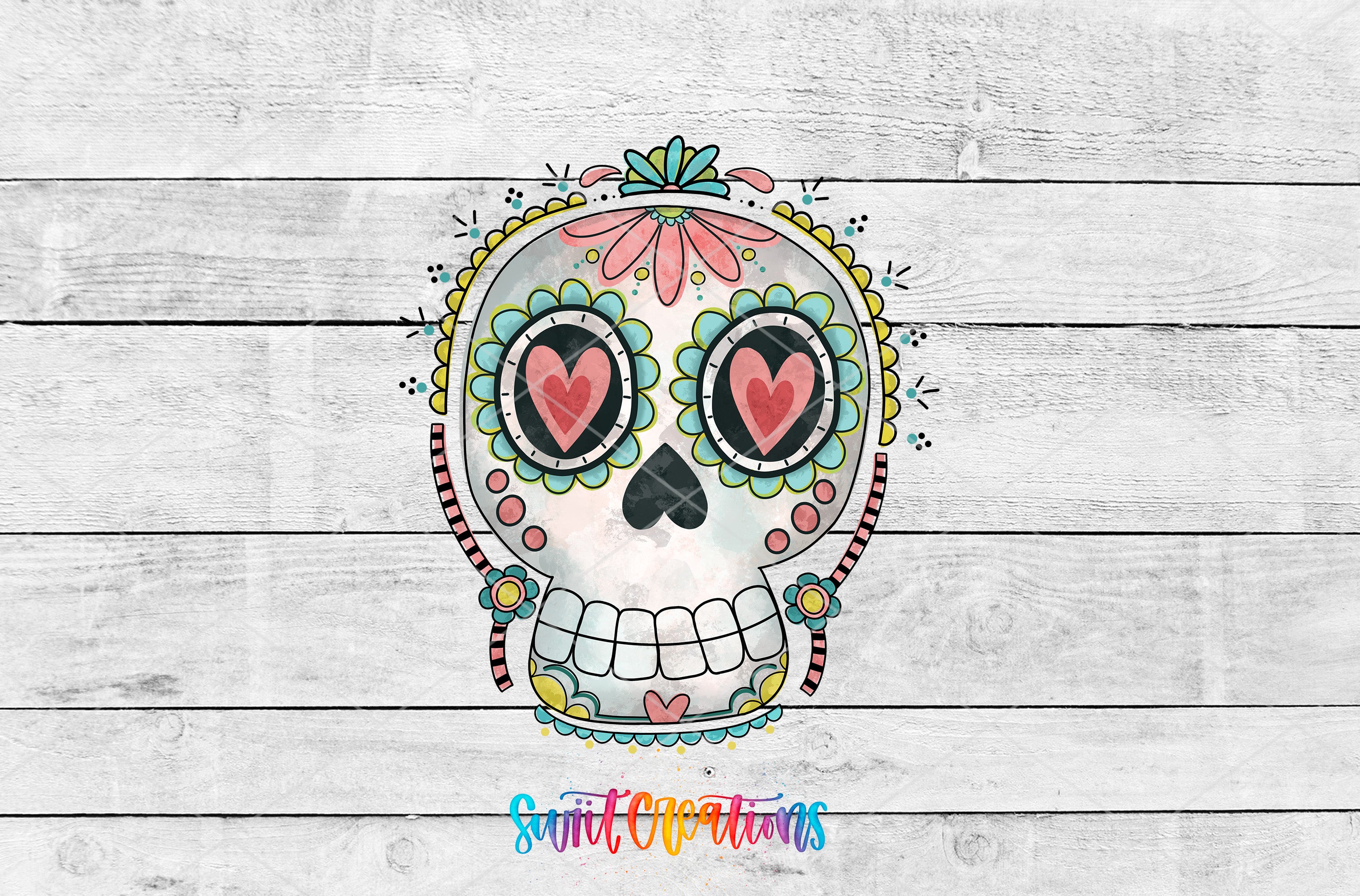 A colorful and intricate sugar skull design with decorative elements such as hearts and flowers, set against a white wooden background.