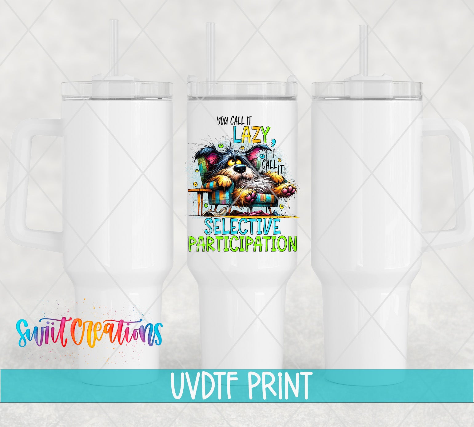 a white ceramic mug with a colorful design and text printed on it.