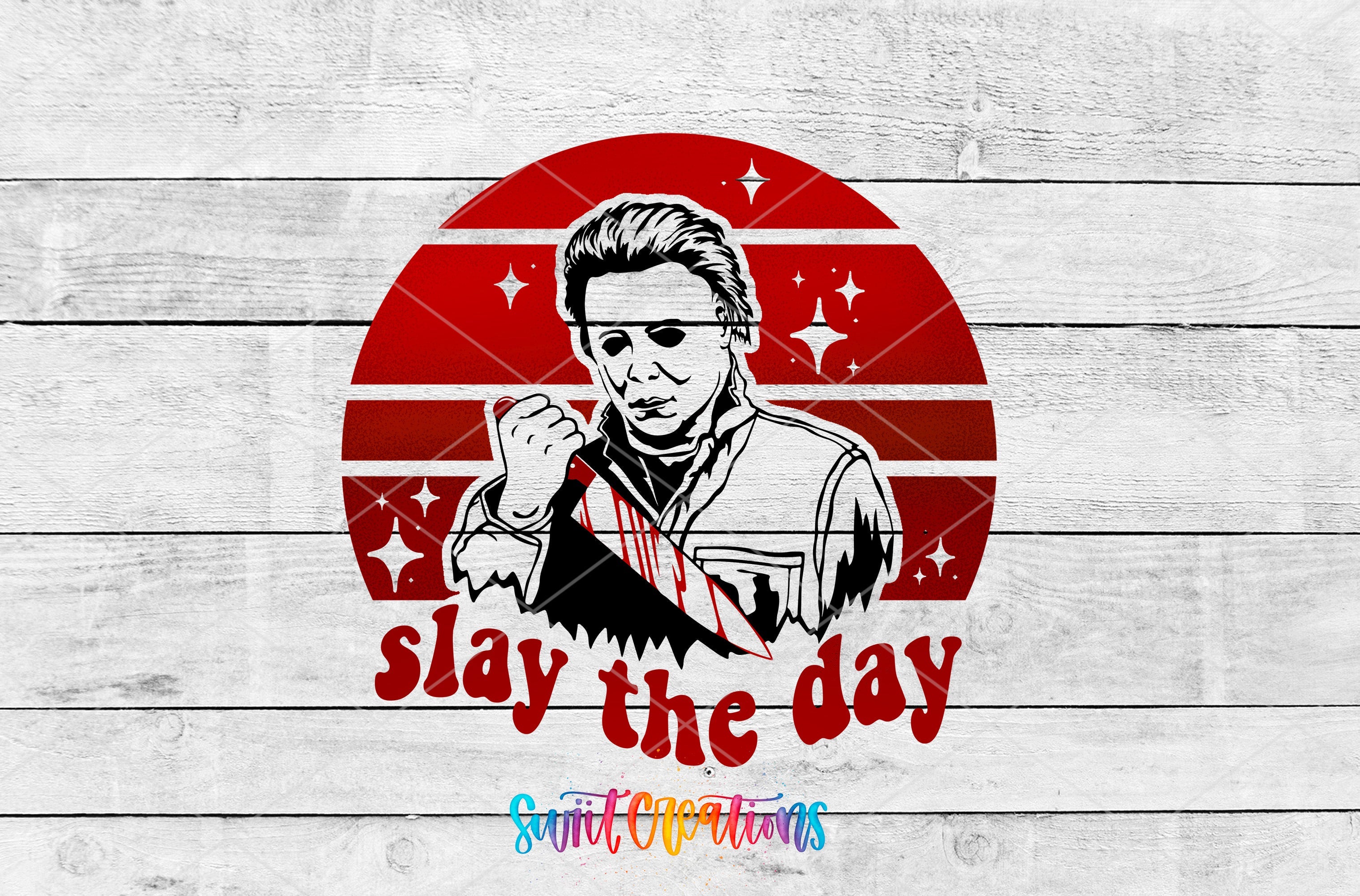 a sticker of a man with the words slay the day on it