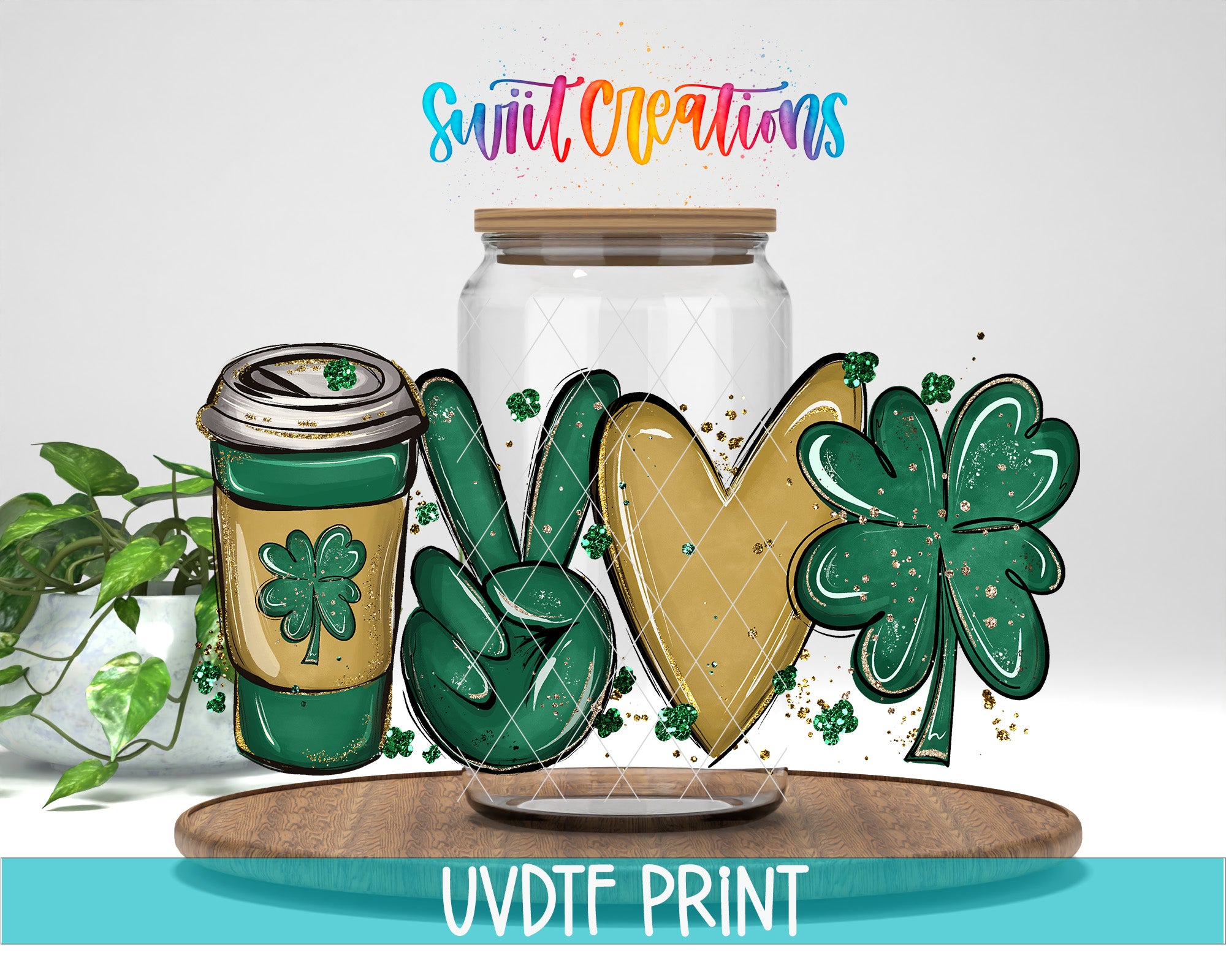a st patrick's day greeting card with a mason jar and shamrocks