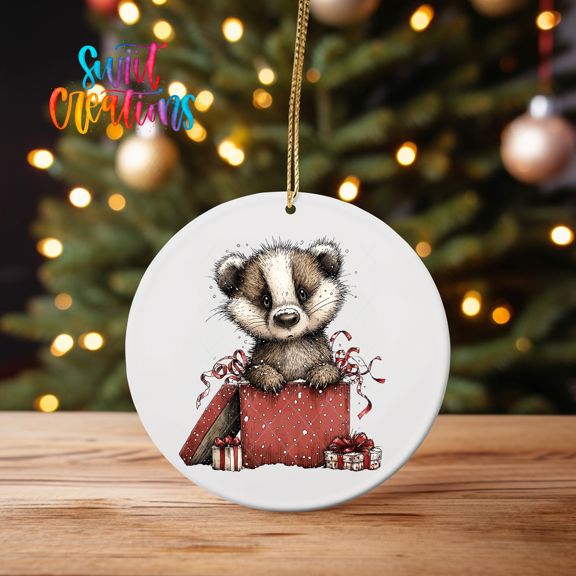 A ceramic ornament featuring a cartoon badger sitting inside a gift box, surrounded by presents and a Christmas tree in the background.