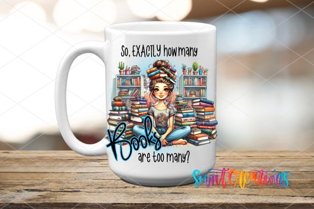a white coffee mug with a picture of a woman sitting on a pile of books