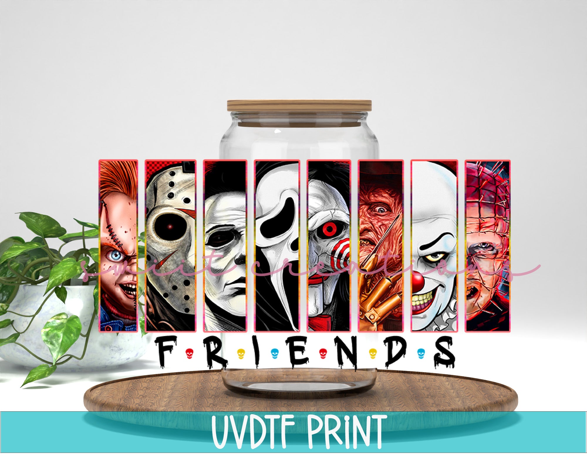 a jar with a picture of a group of clowns inside of it