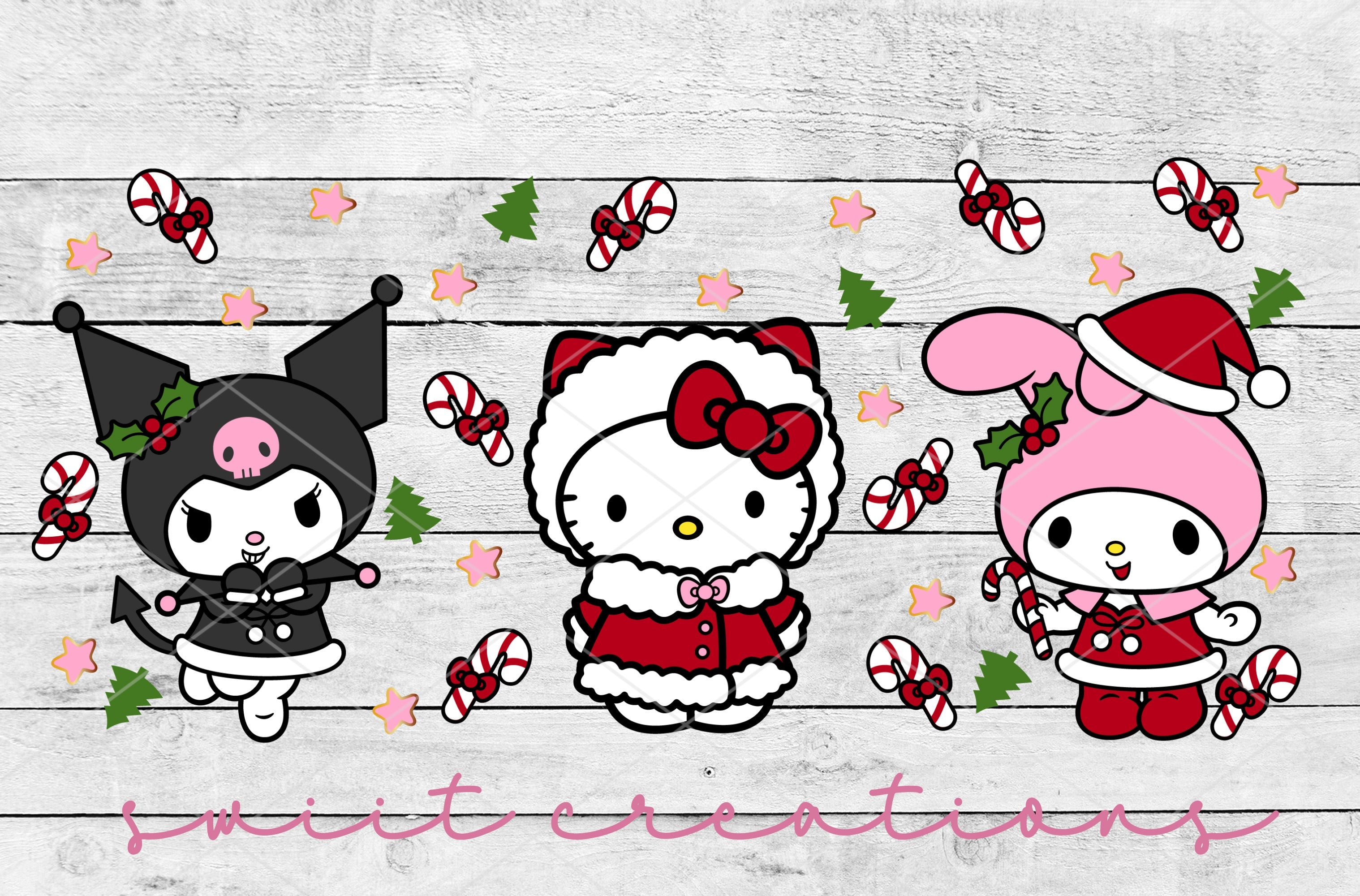 hello kitty christmas wallpaper with three cartoon characters