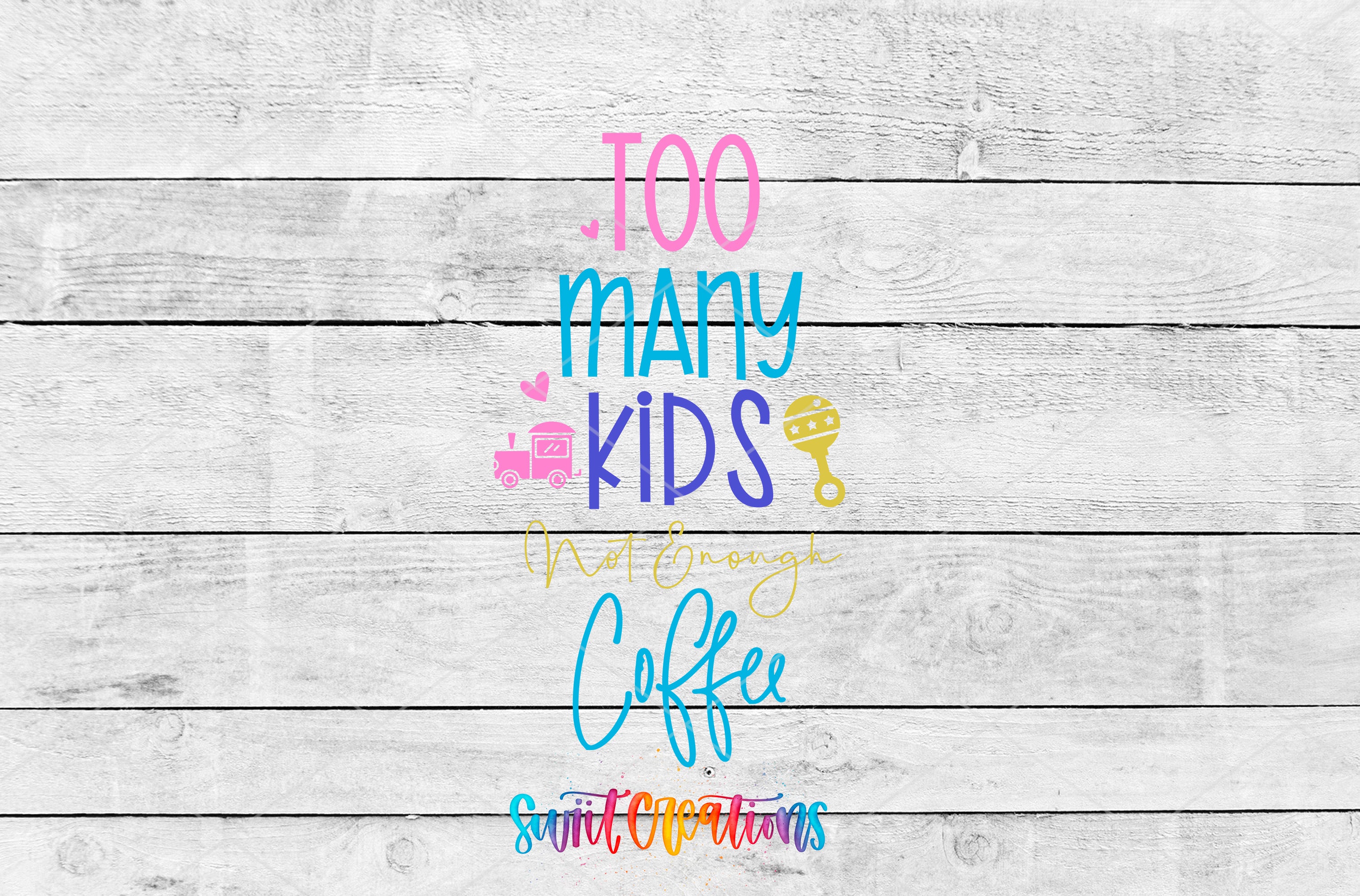 a colorful text overlay on a white wooden background.