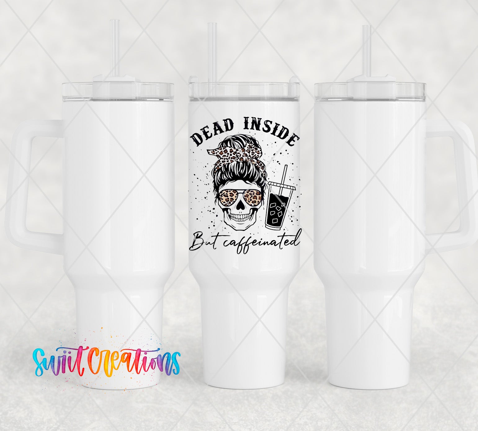 two white coffee mugs with the words dead inside and a skull in a banda