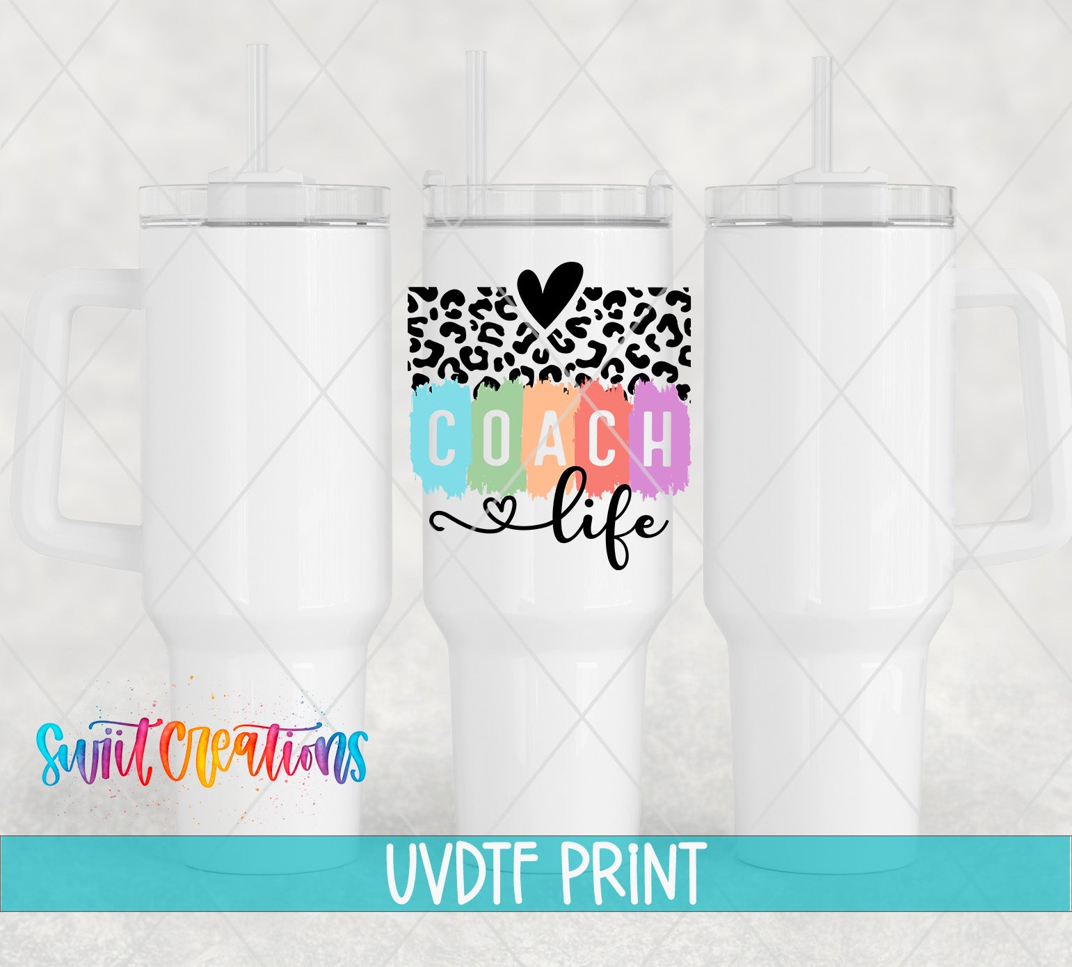 three white tumblers with colorful designs and text printed on them.