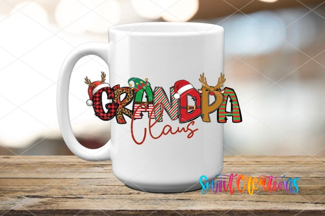a white coffee mug with the word grandpa claus on it