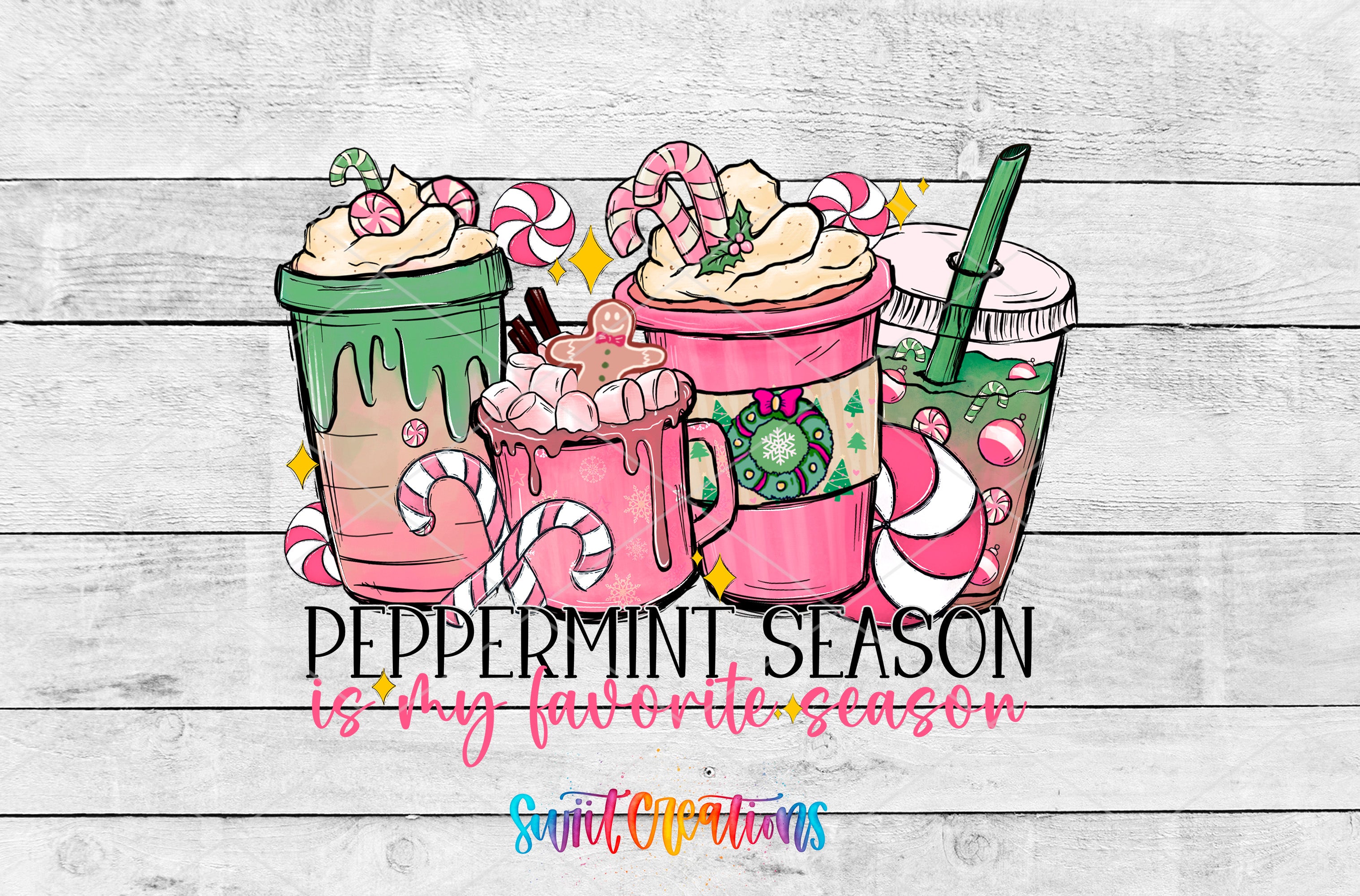 A colorful illustration of three hot beverages, including a green cup, a pink cup, and a pink cup with a straw, surrounded by candy canes and a snowflake design. The text "Peppermint Season is my favorite season" is displayed below the illustration.