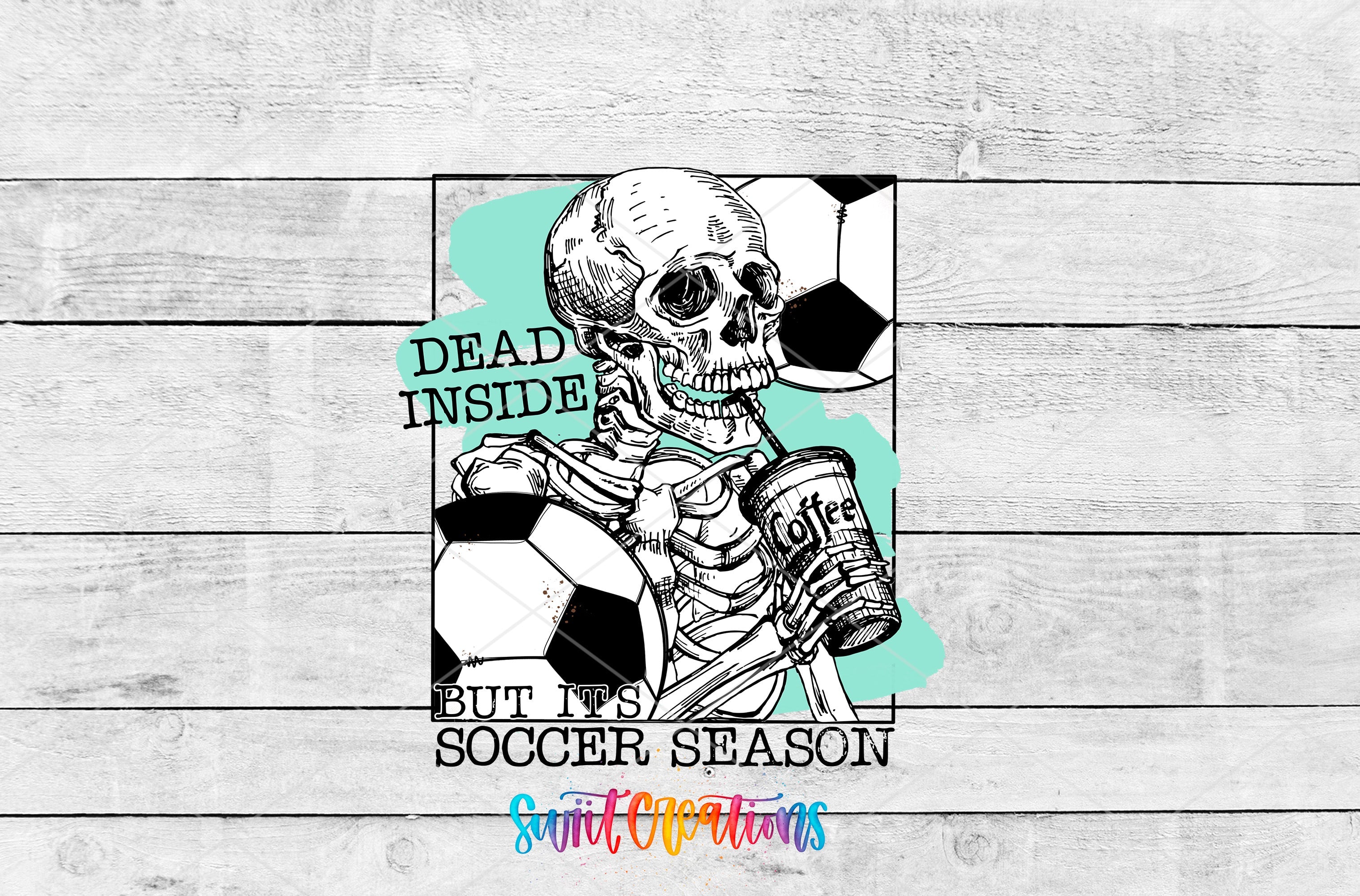 a skeleton holding a soccer ball on top of a wooden wall