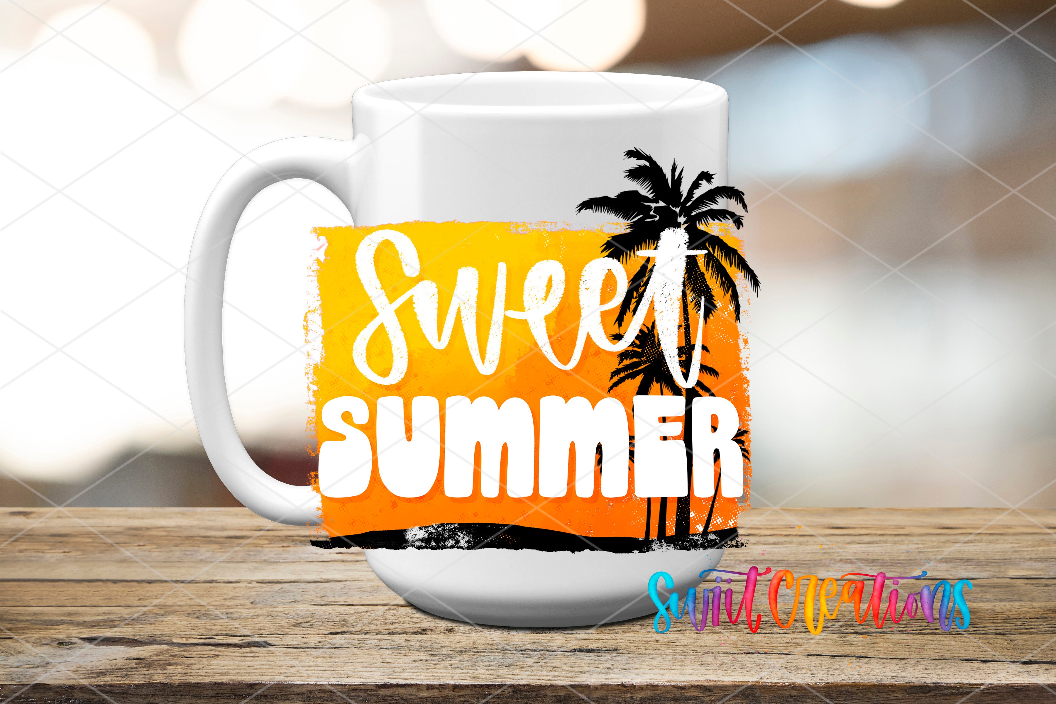 A white mug with the text "Sweet Summer" printed on it, along with a graphic of a palm tree.