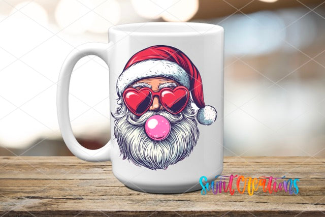 a white coffee mug with a santa clause on it