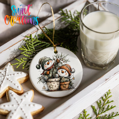 a festive scene with a snowman ornament, cookies, and a glass of milk on a white tray.