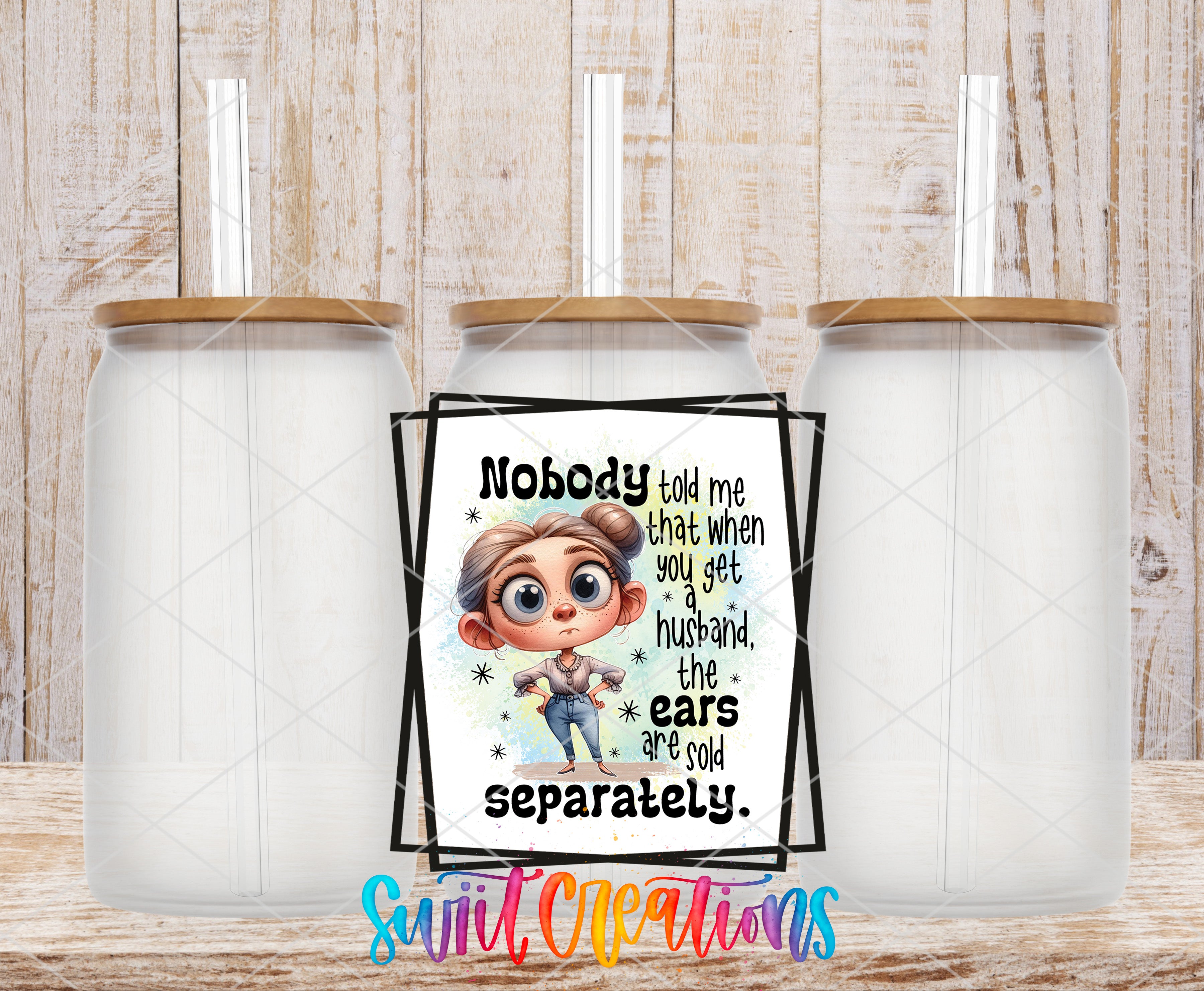 a cartoon character with a humorous caption, accompanied by three glass jars with lids, all set against a wooden background.