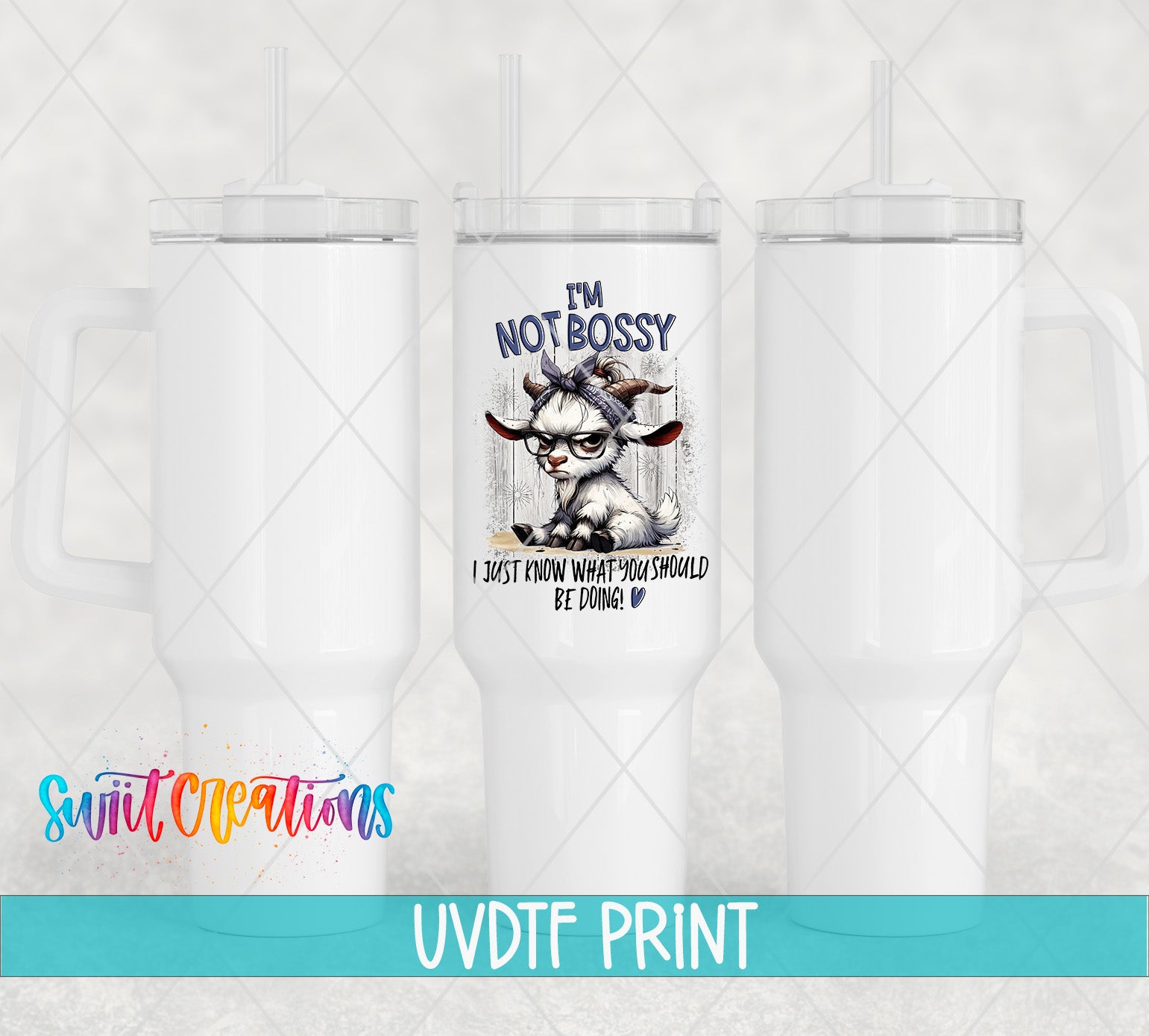 a set of three white tumblers with the words i'm not bossy