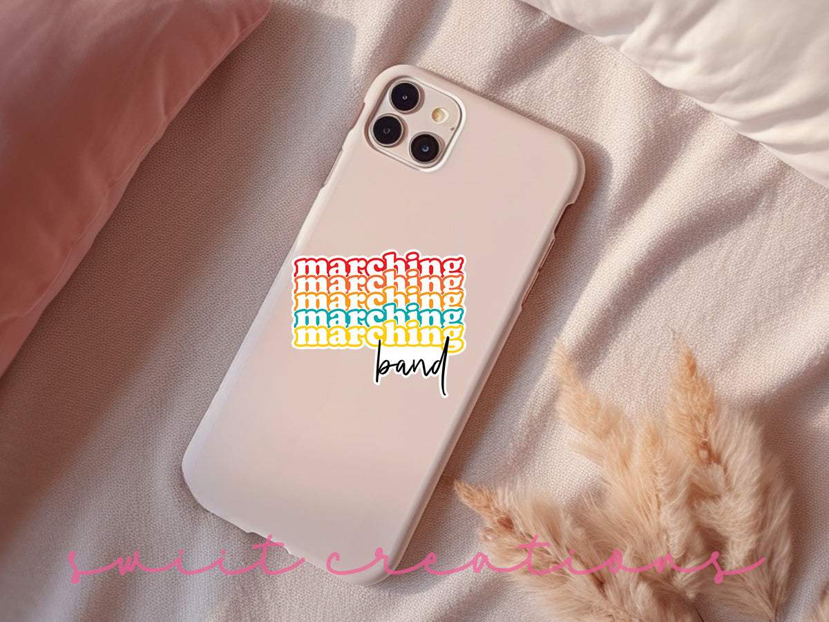 Retro Marching Band sticker on a pink phone case