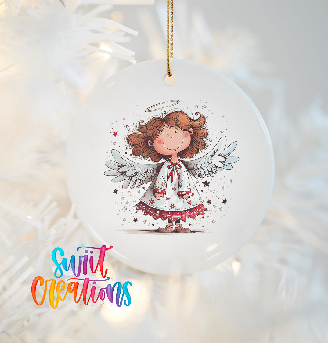A white ceramic ornament featuring a smiling cartoon angel with wings and a halo, hanging on a string.