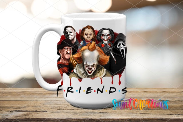 a white coffee mug with a group of people on it