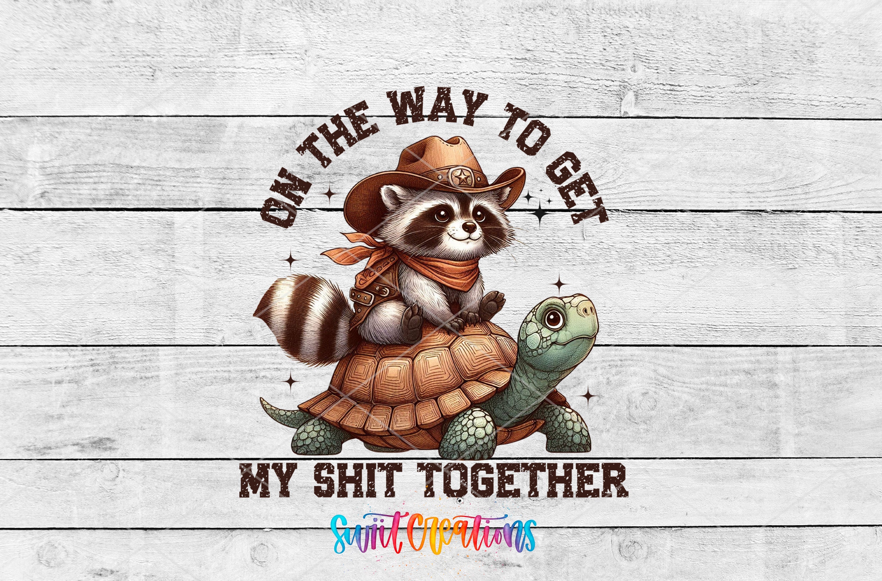 a raccoon riding on top of a turtle wearing a cowboy hat