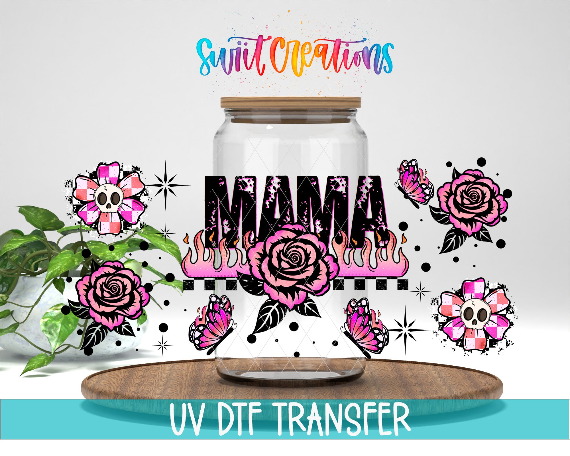 a glass jar with the word "MAMA" written on it, surrounded by various floral and butterfly designs. The jar is placed on a wooden surface, and there is a plant in the background. The image also includes text that says "Swit Creations" and "UV Dtf Transfer".