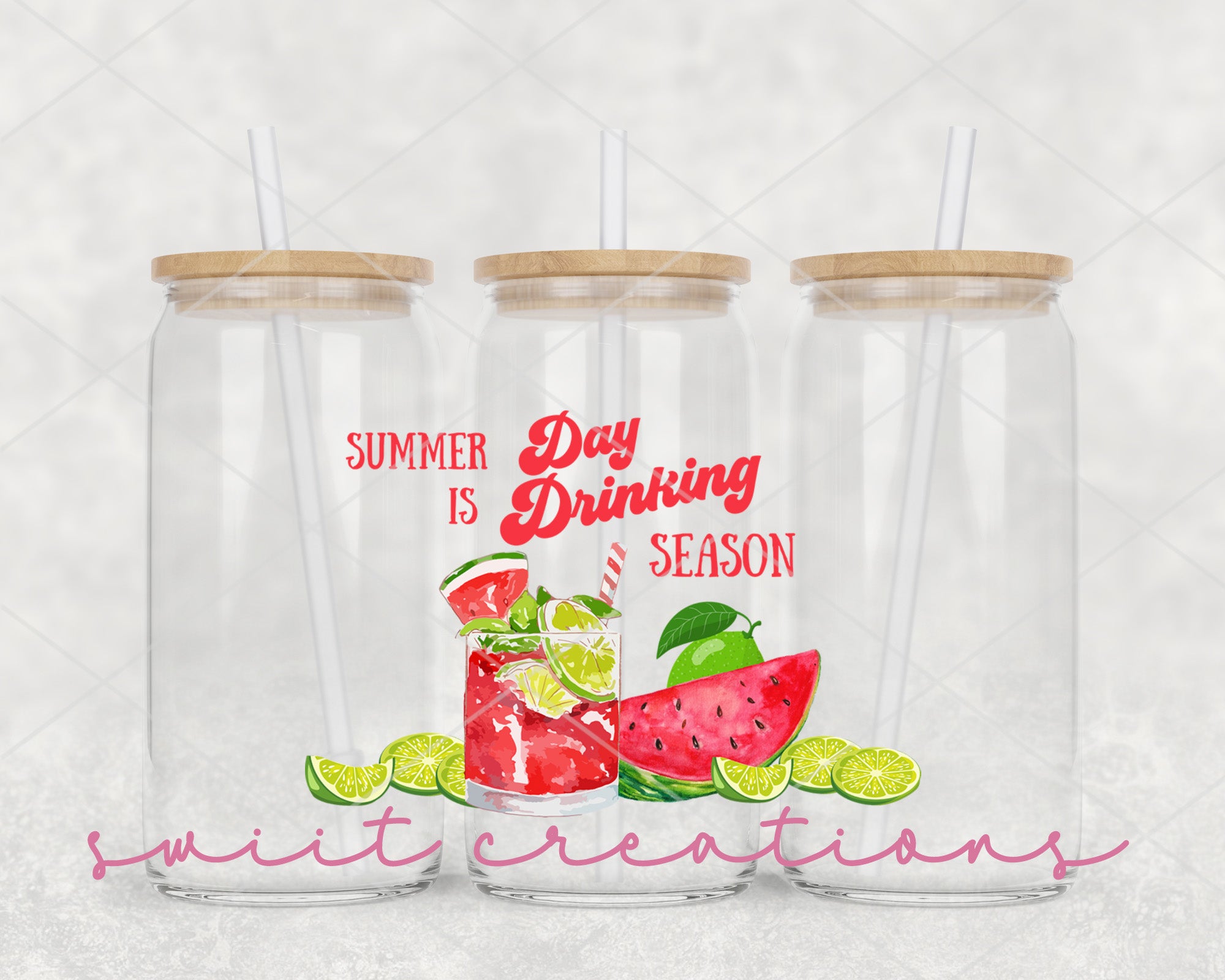 a couple of watermelon and limeade cups with straws