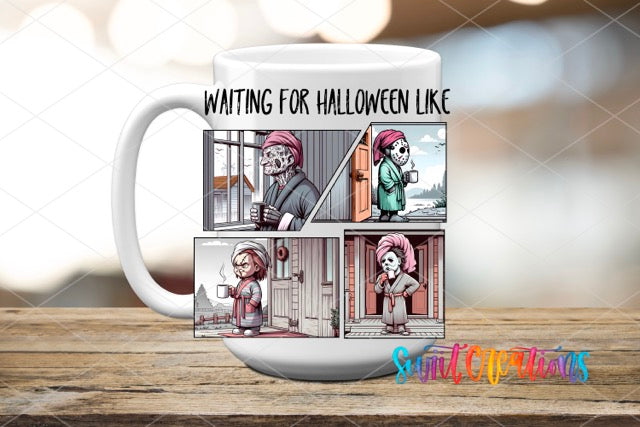 a white coffee mug with a cartoon of a woman talking on the phone