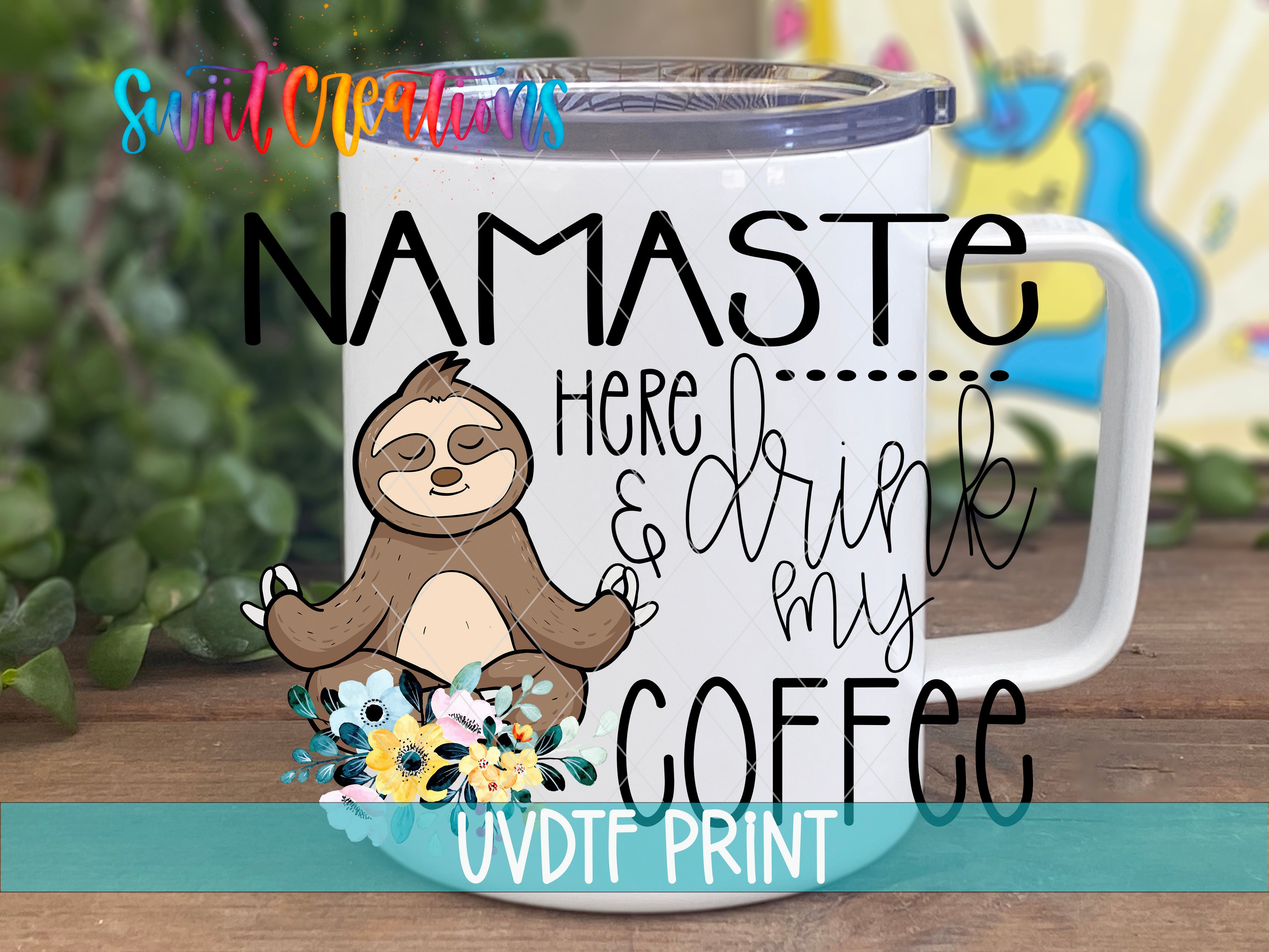 a white coffee mug with a slotty on it