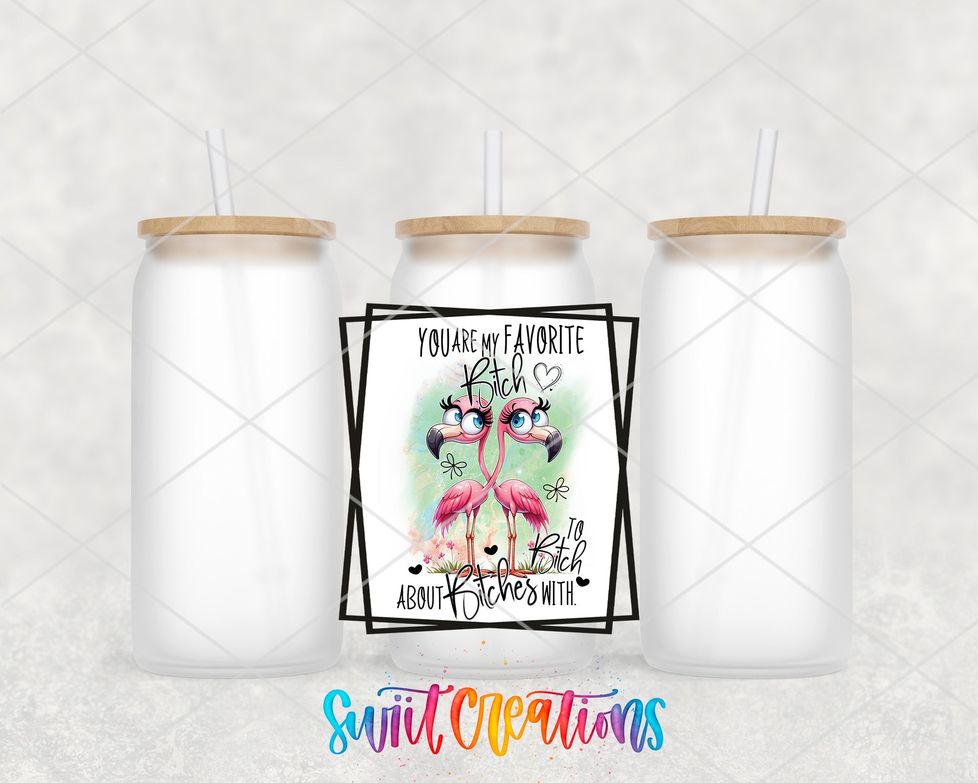 two white mason jars with flamingos on them