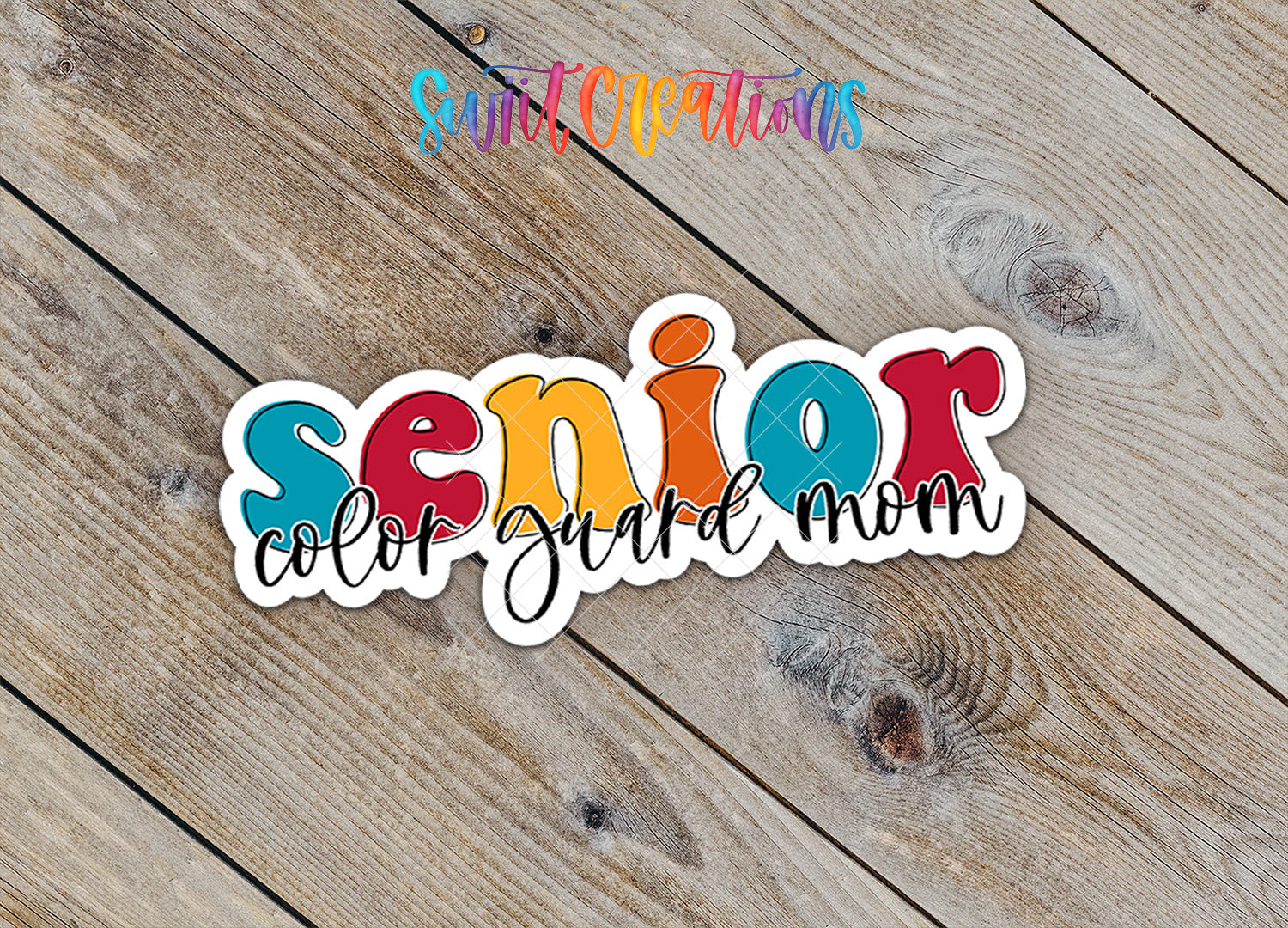 A sticker with the text "senior color guard mom" written in a colorful, stylized font.