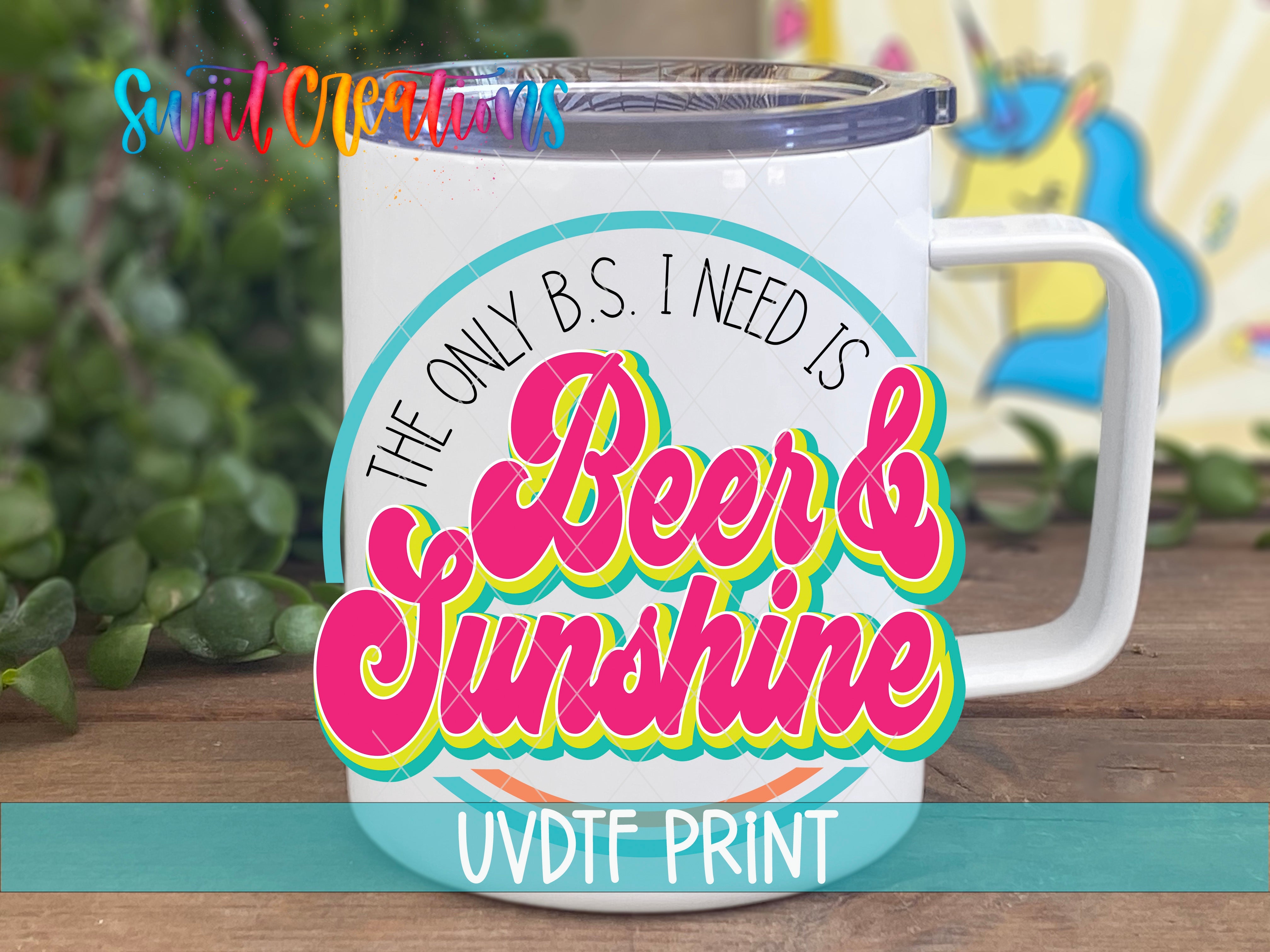 a white coffee mug with the words beer and sunshine on it