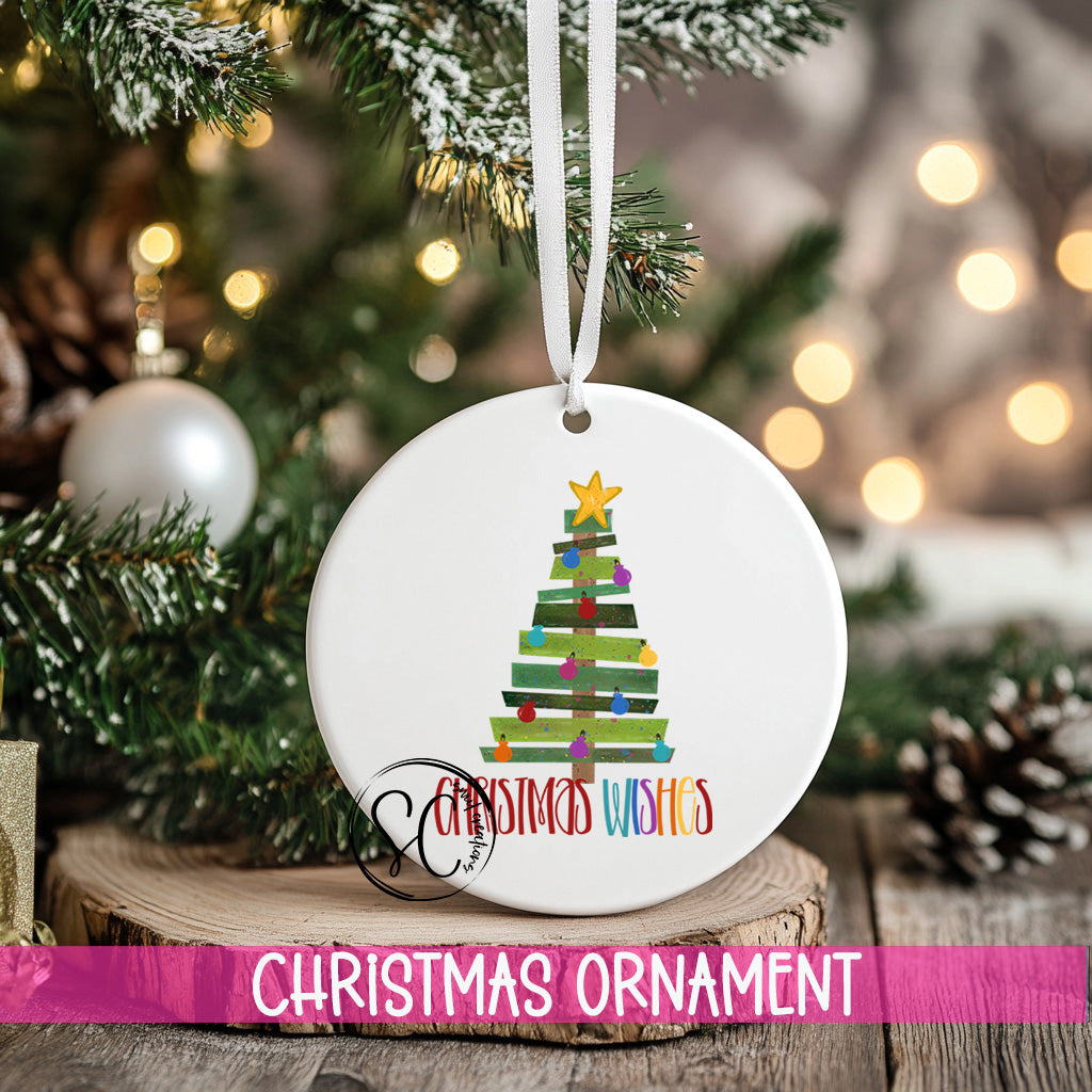 a christmas ornament hanging from a christmas tree