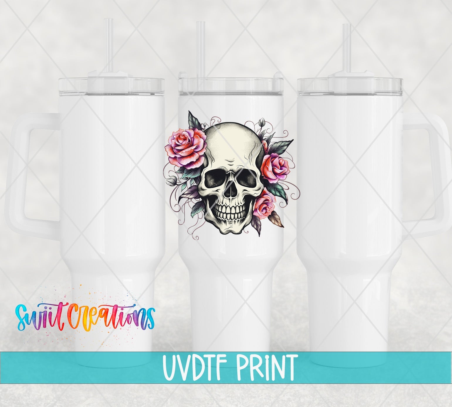 a white tumbler with a skull and roses on it
