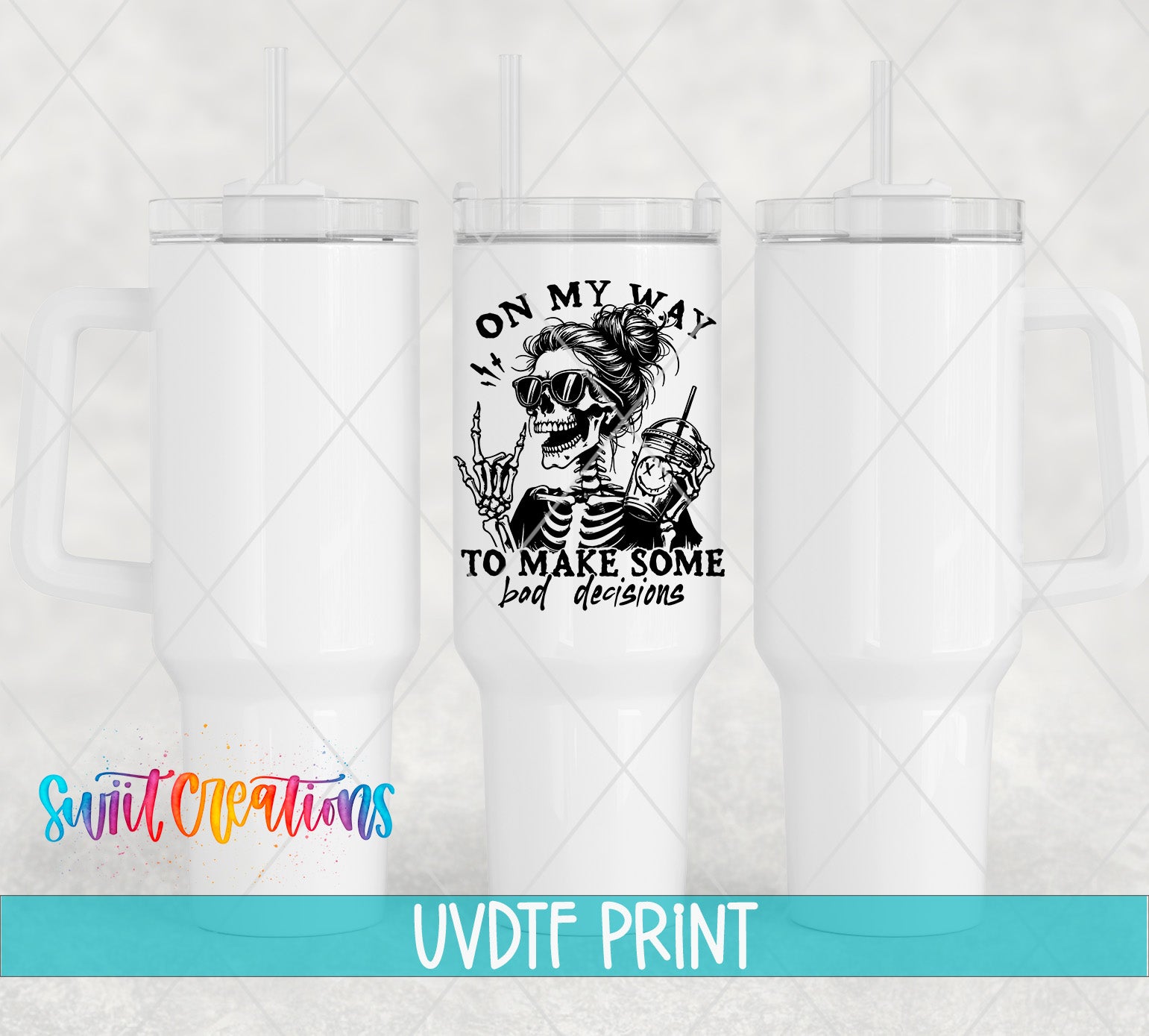 a white ceramic mug with a black and white skull design and text printed on it.