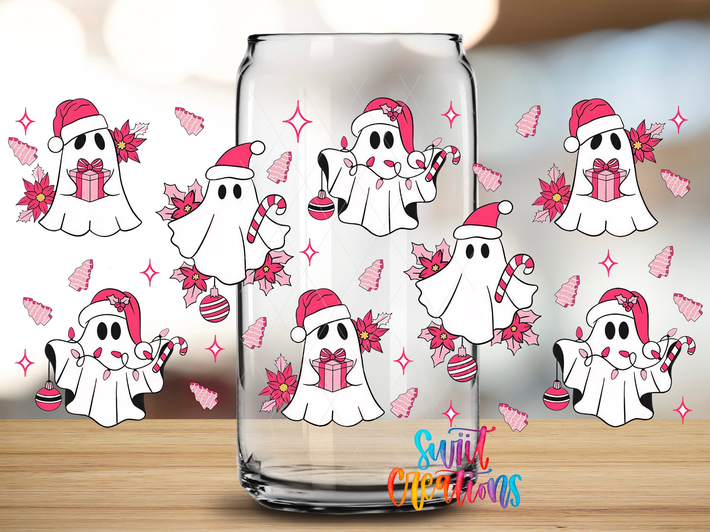 a glass jar with a collection of cartoon-style ghost characters wearing Santa hats and holding presents, surrounded by pink and white holiday-themed decorations.