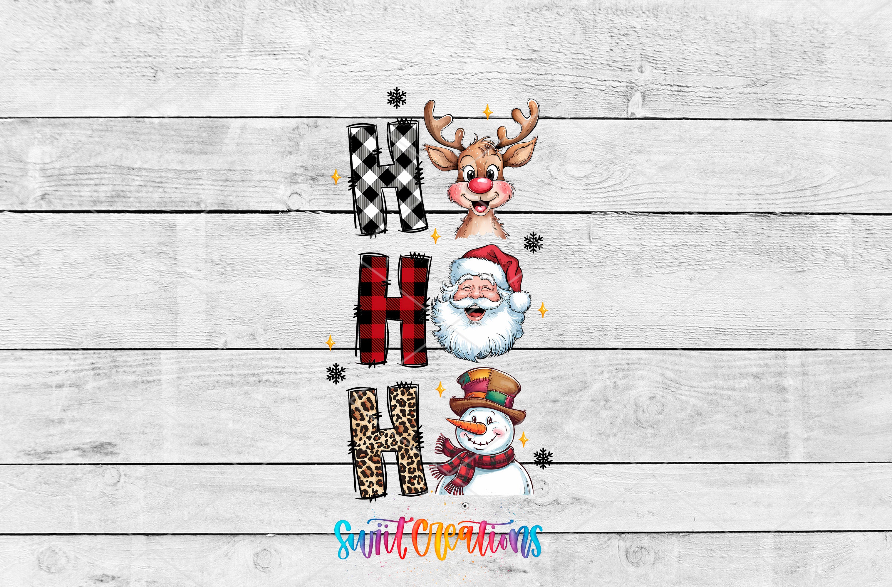 a white wooden background with a santa clause and reindeers