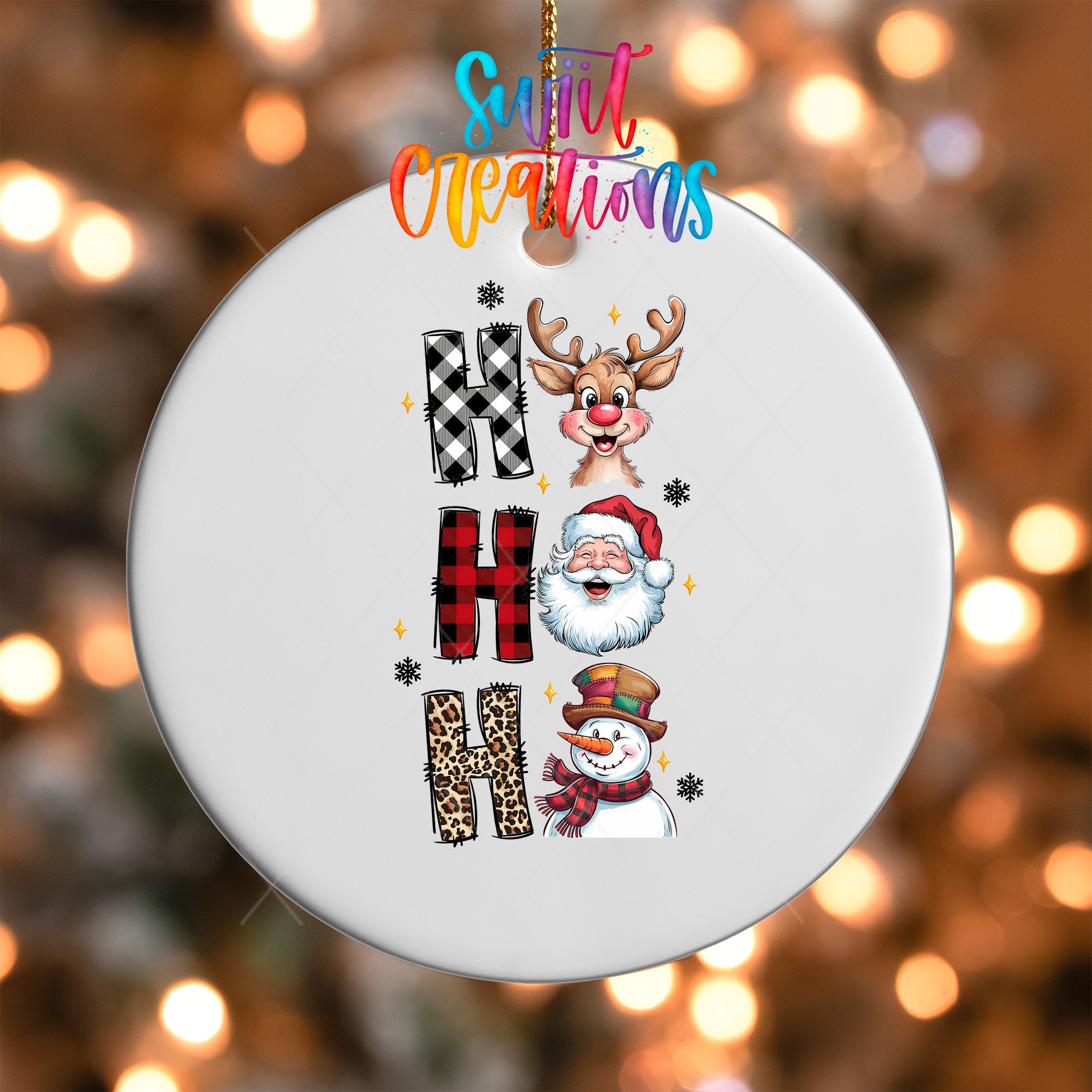 A white ornament with a Christmas-themed design, featuring a reindeer, Santa Claus, and a snowman.