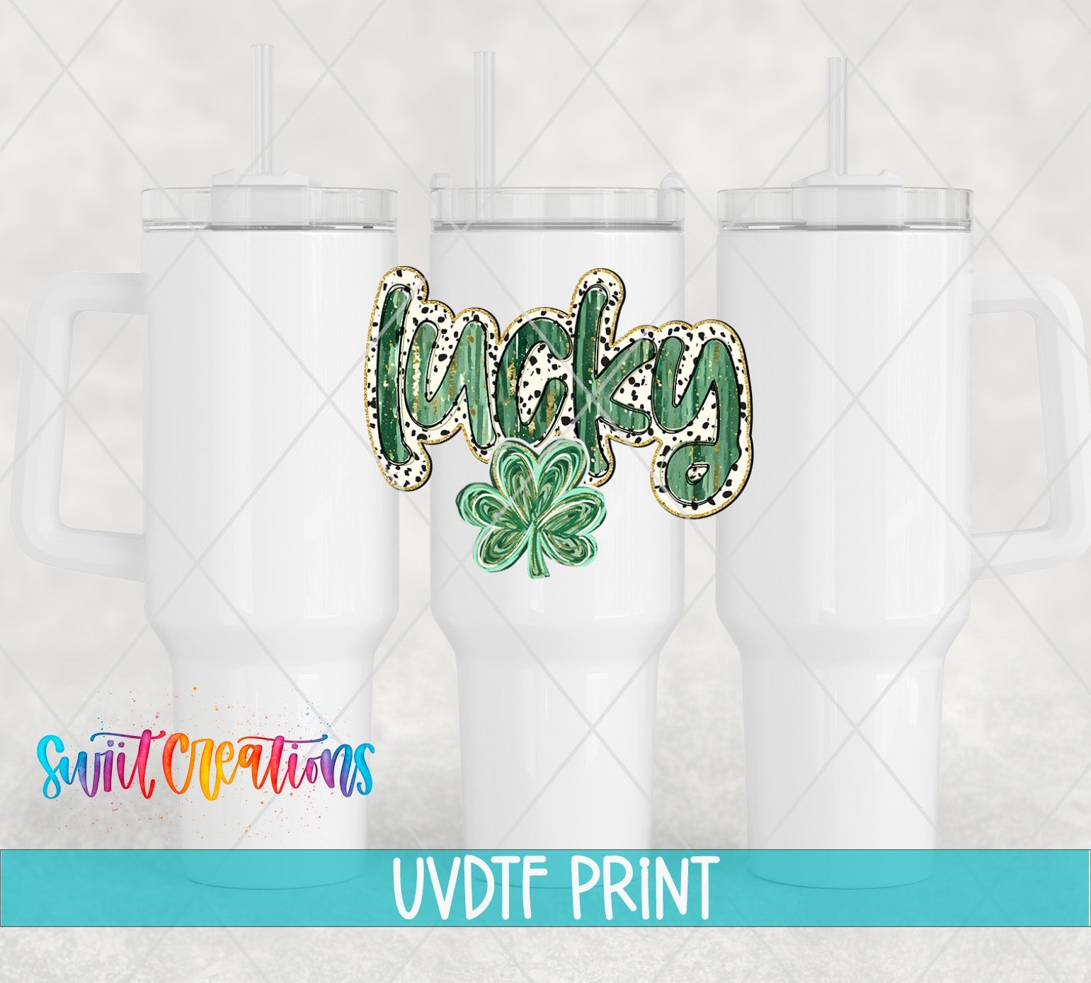 three st patrick's day mugs with shamrocks on them