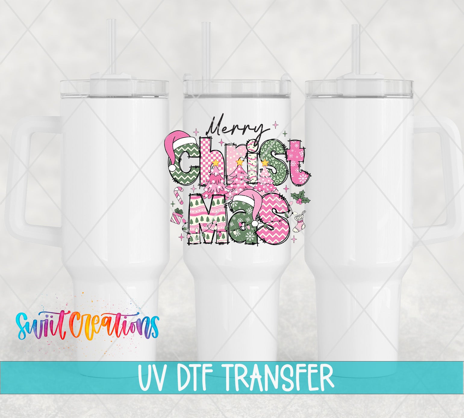 three white tumblers with a colorful Christmas-themed design on the front.