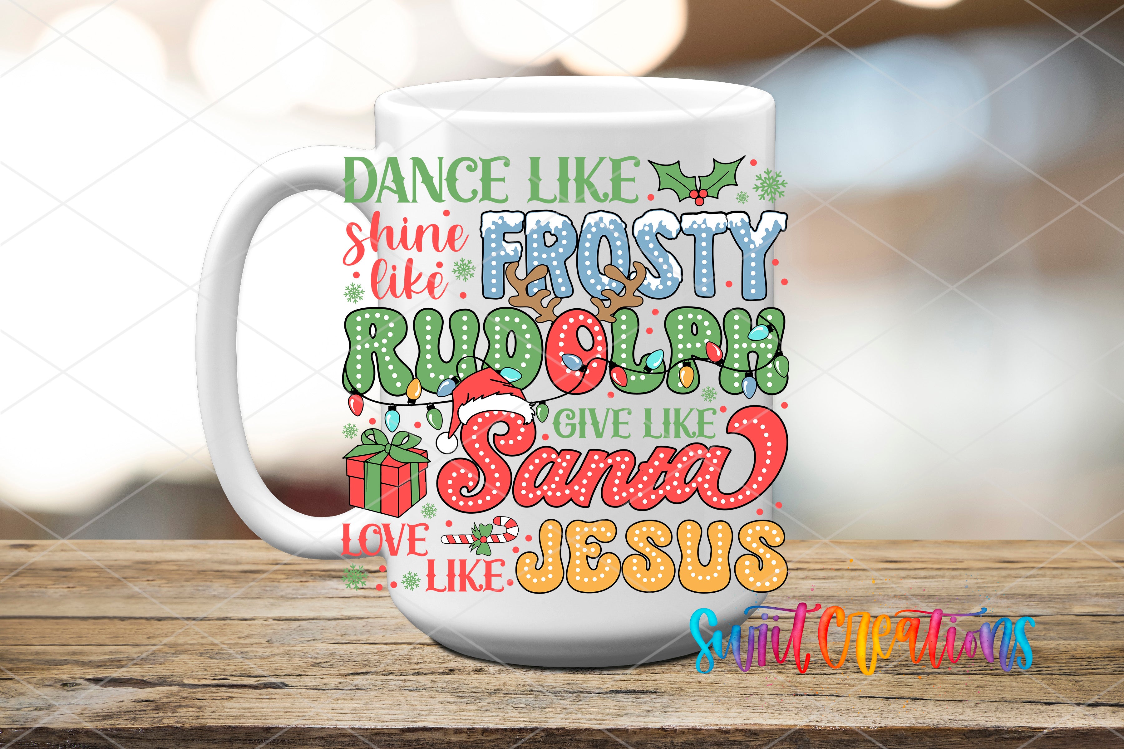 A white mug with colorful text and illustrations related to Christmas and holiday themes.