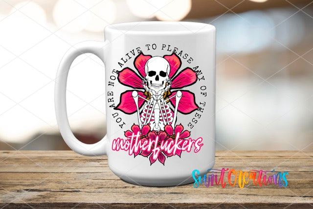 a white coffee mug with a pink flower on it