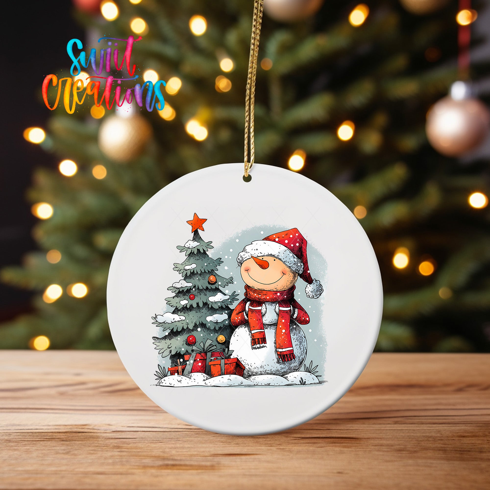 A white Christmas ornament featuring a snowman and a decorated Christmas tree, with a colorful background of lights.