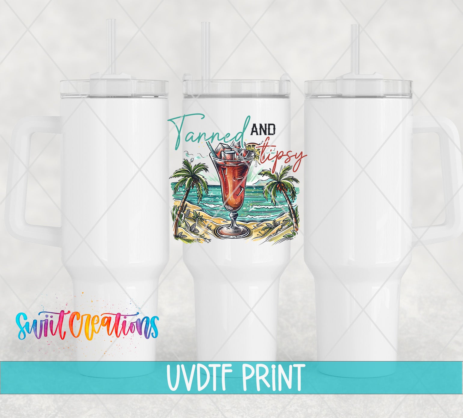 a set of three white tumblers with a picture of a drink