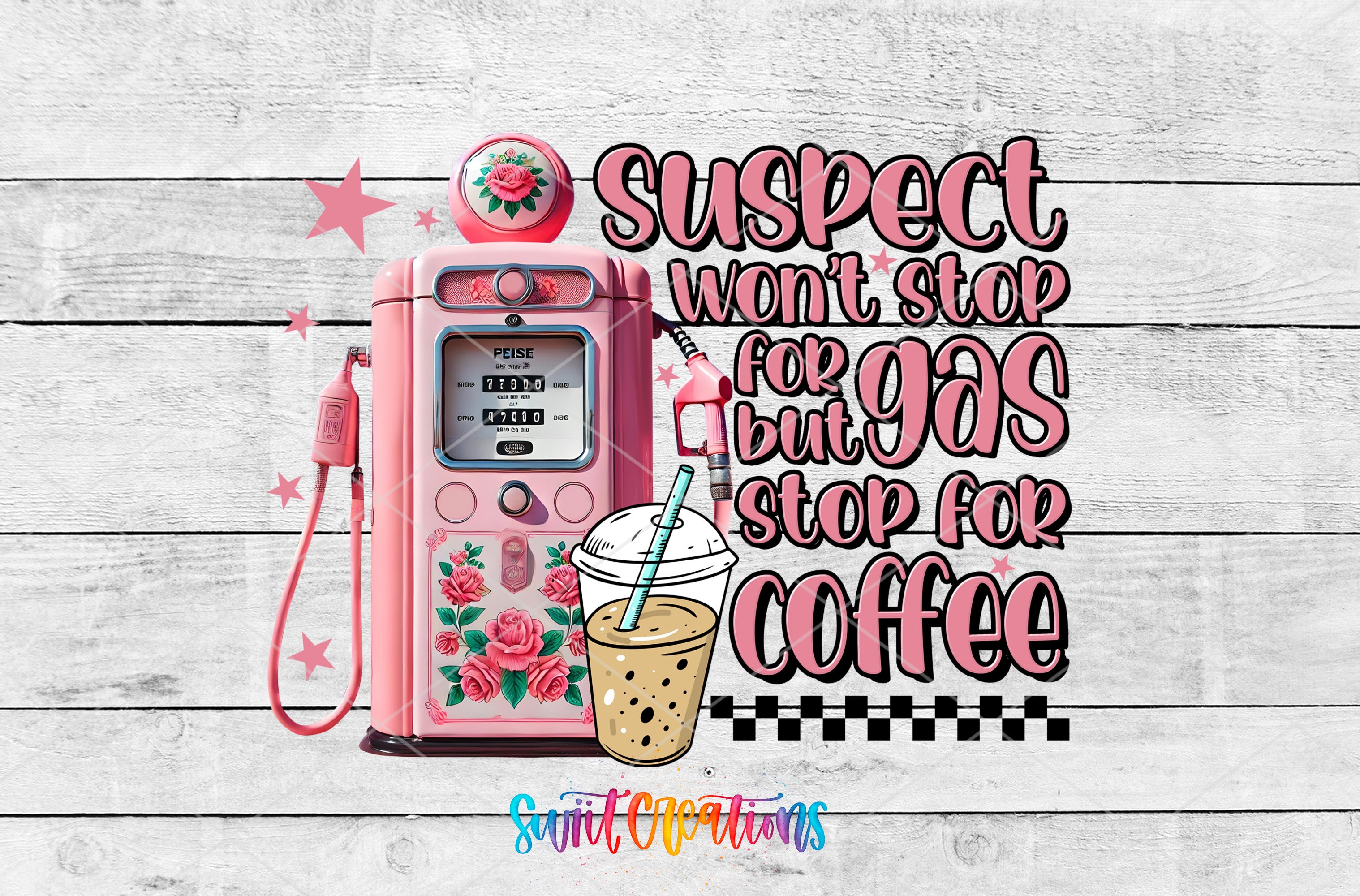 a pink gas pump with a cup of coffee next to it