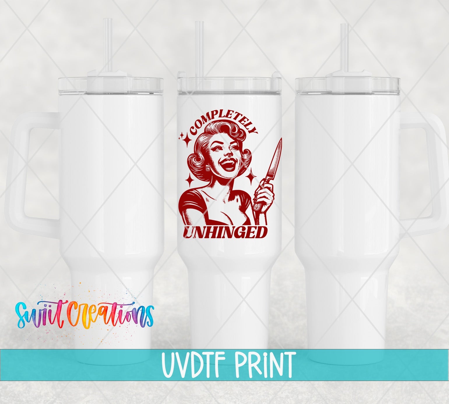 a set of three tumblers with a woman holding a knife